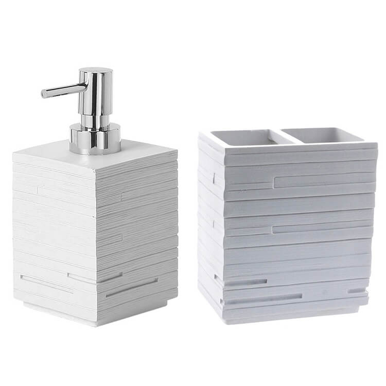 Bathroom Accessory Set, Gedy QU500-02, Quadrotto White Resin Soap Dispenser And Toothbrush Holder Set